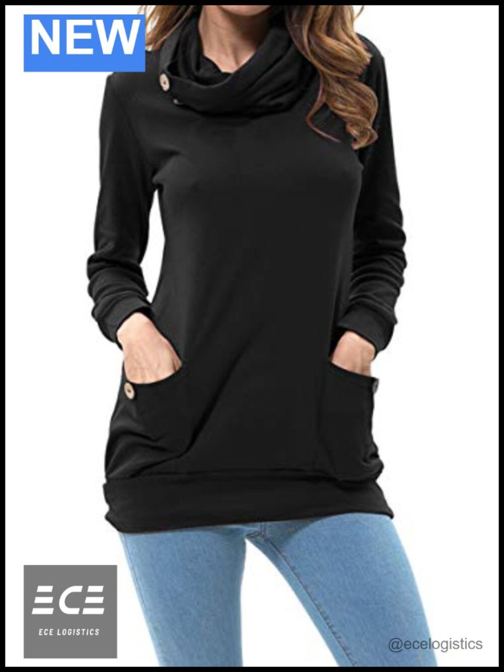 Women's Long Sleeve Tunic Sweatshirt Loose Fit Cowl Neck Top